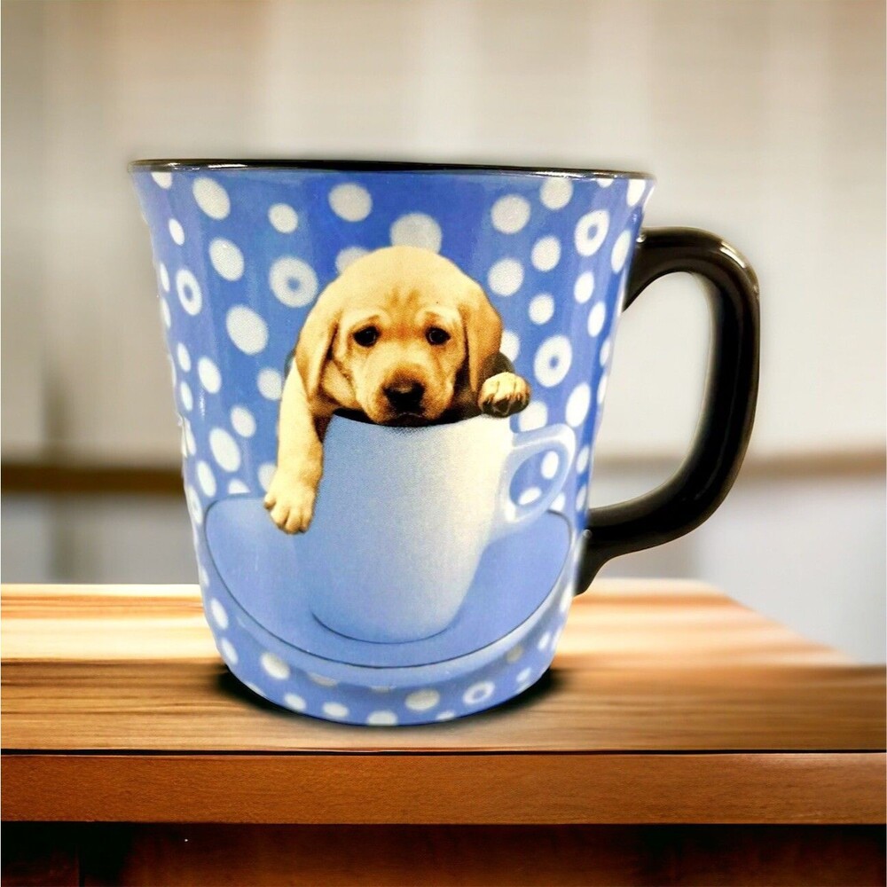 Keith Kimberlin Yellow Labrador Coffee Tea Mug 12oz. Blue Polka Dot